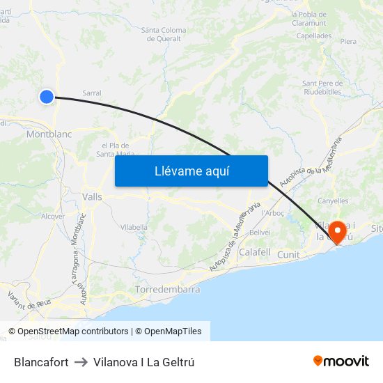 Blancafort to Vilanova I La Geltrú map