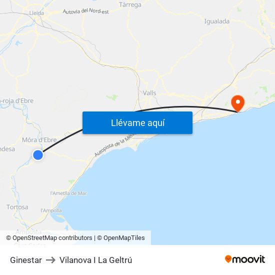 Ginestar to Vilanova I La Geltrú map