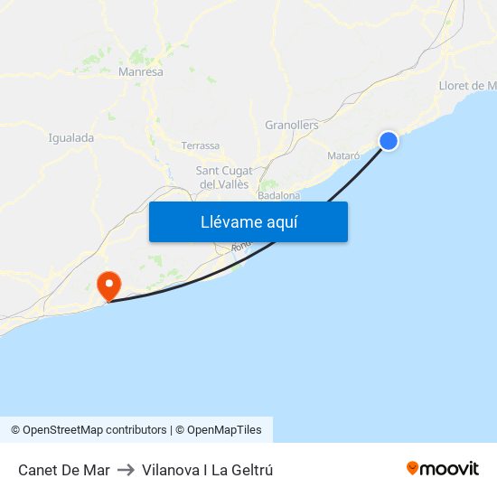 Canet De Mar to Vilanova I La Geltrú map