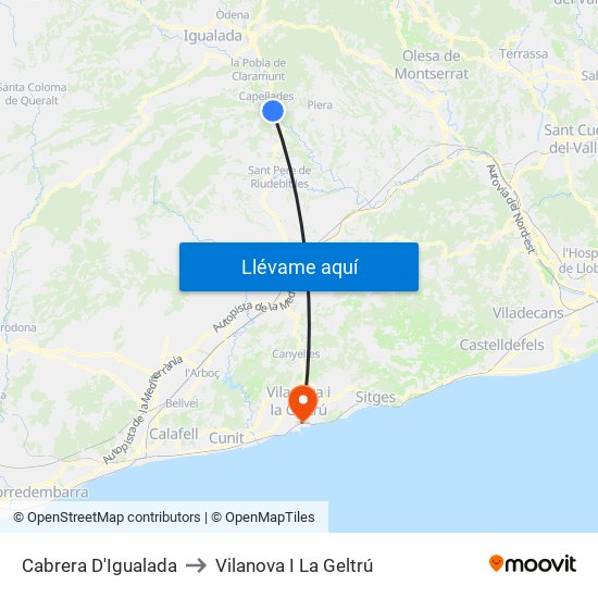 Cabrera D'Igualada to Vilanova I La Geltrú map