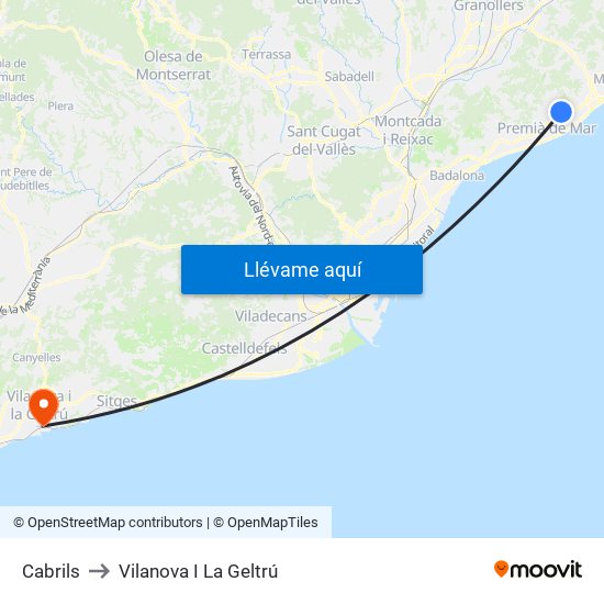 Cabrils to Vilanova I La Geltrú map