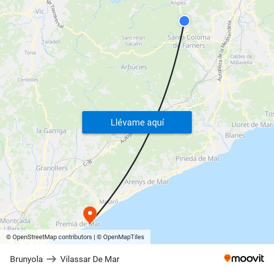 Brunyola to Vilassar De Mar map