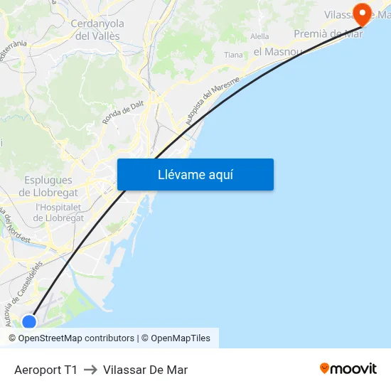 Aeroport T1 to Vilassar De Mar map