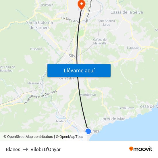 Blanes to Vilobí D'Onyar map