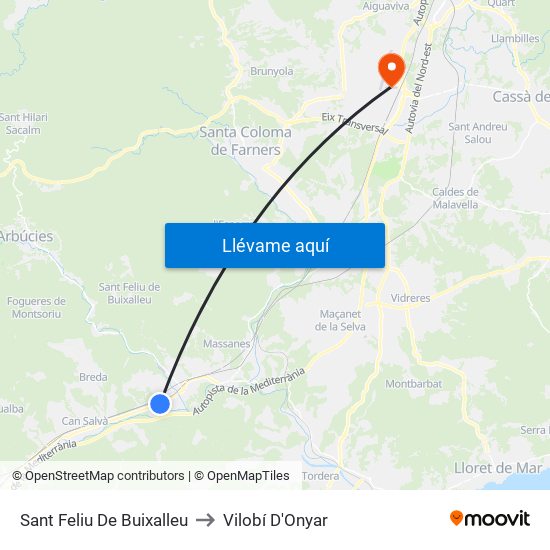 Sant Feliu De Buixalleu to Vilobí D'Onyar map
