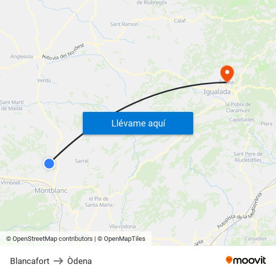 Blancafort to Òdena map
