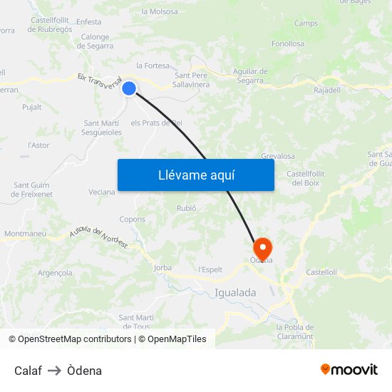 Calaf to Òdena map