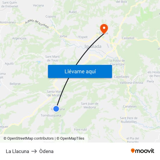 La Llacuna to Òdena map