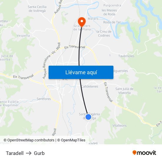 Taradell to Gurb map