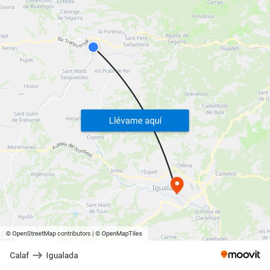 Calaf to Igualada map