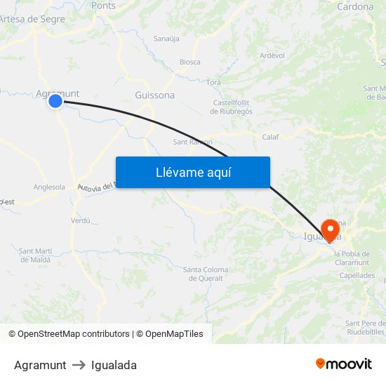 Agramunt to Igualada map