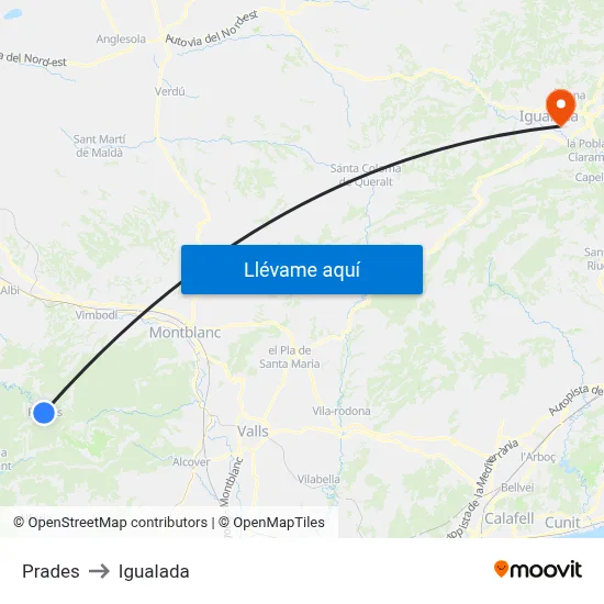 Prades to Igualada map
