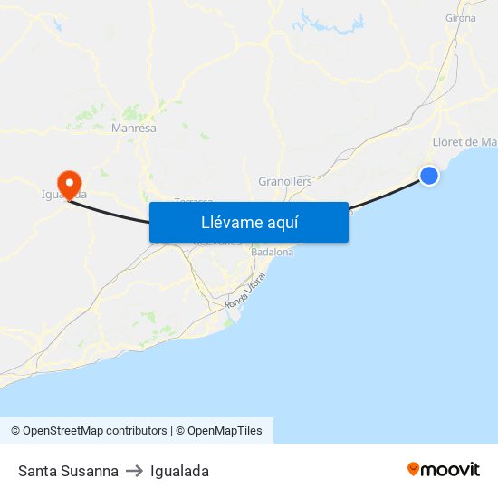 Santa Susanna to Igualada map