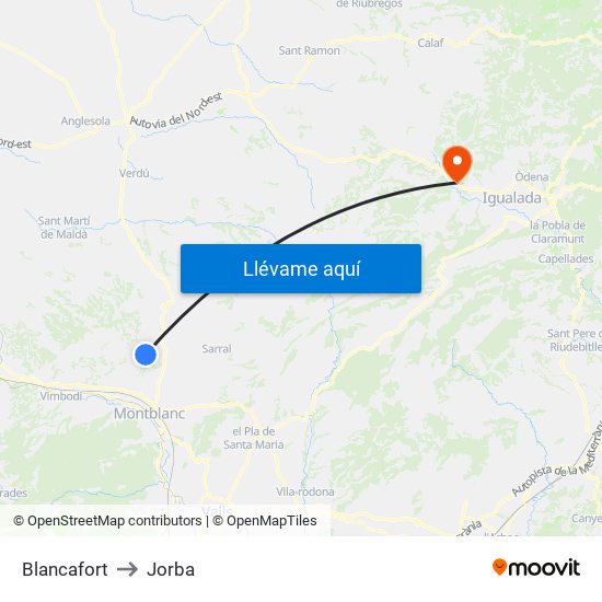 Blancafort to Jorba map