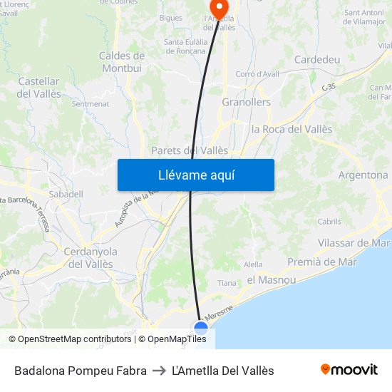 Badalona Pompeu Fabra to L'Ametlla Del Vallès map