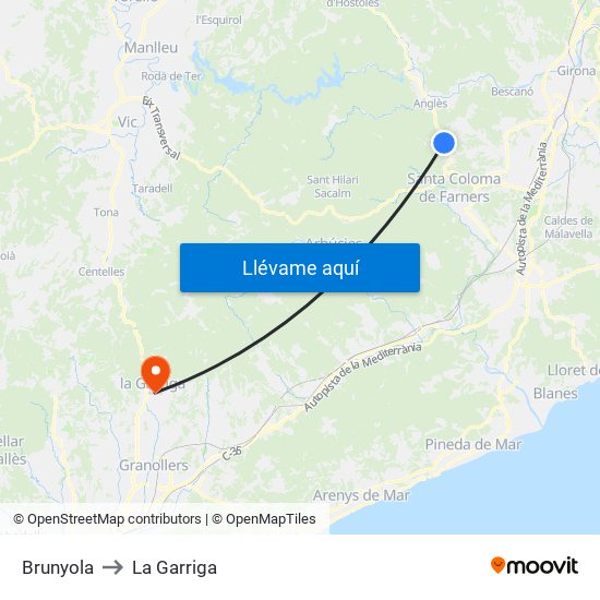 Brunyola to La Garriga map
