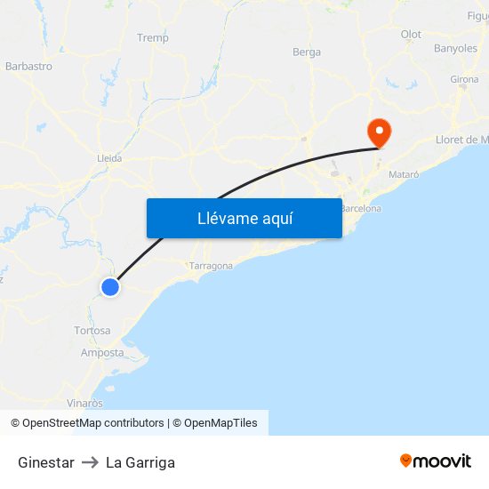 Ginestar to La Garriga map