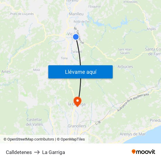 Calldetenes to La Garriga map