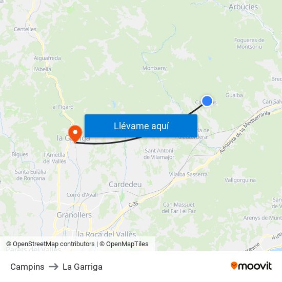 Campins to La Garriga map