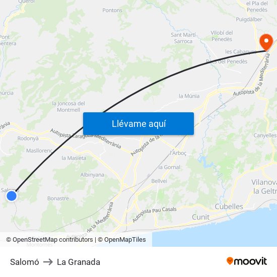 Salomó to La Granada map