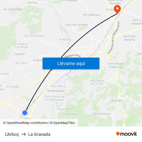 L'Arboç to La Granada map
