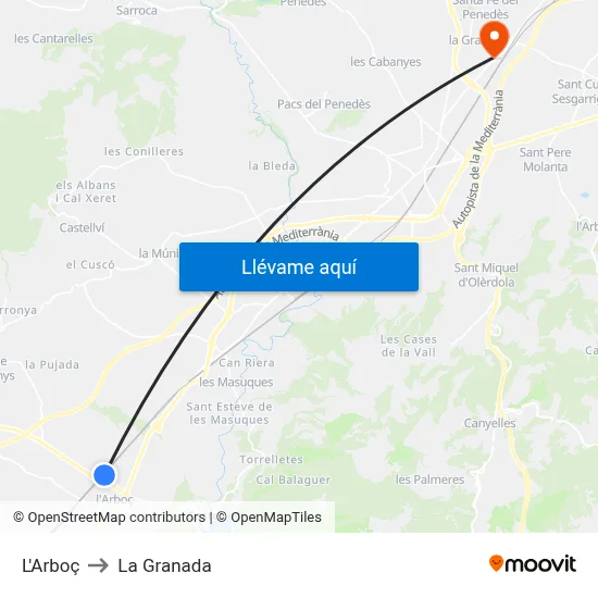 L'Arboç to La Granada map