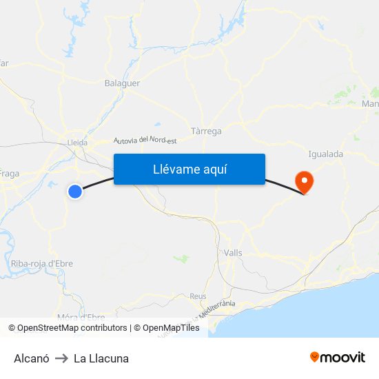 Alcanó to La Llacuna map