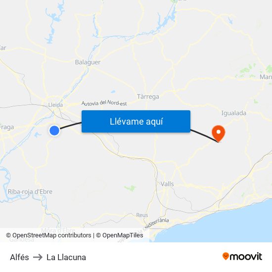 Alfés to La Llacuna map