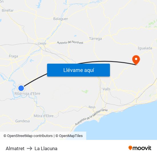 Almatret to La Llacuna map