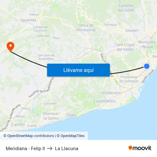 Meridiana - Felip Il to La Llacuna map