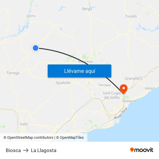 Biosca to La Llagosta map