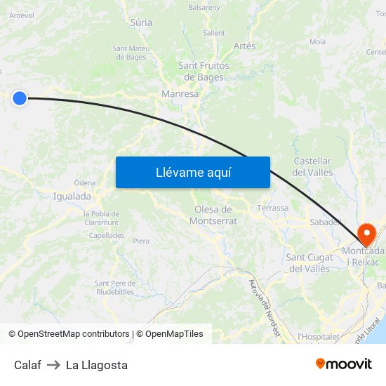 Calaf to La Llagosta map