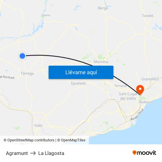 Agramunt to La Llagosta map