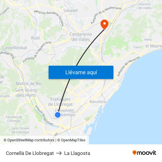 Cornellà De Llobregat to La Llagosta map