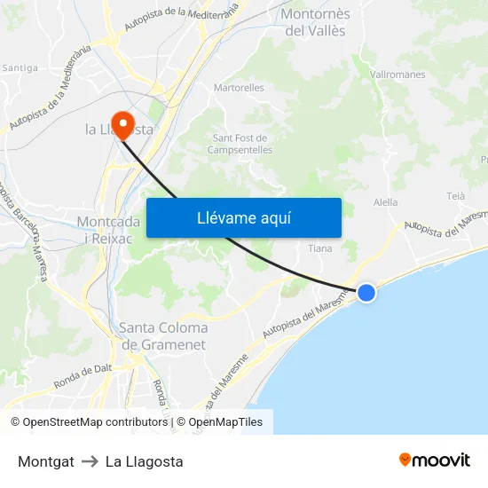 Montgat to La Llagosta map