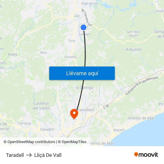 Taradell to Lliçà De Vall map