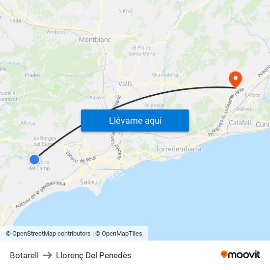 Botarell to Llorenç Del Penedès map