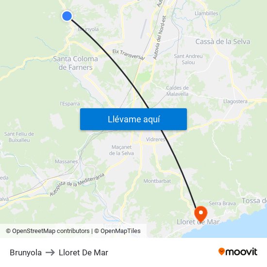 Brunyola to Lloret De Mar map