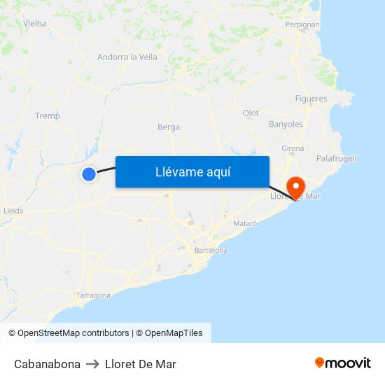 Cabanabona to Lloret De Mar map