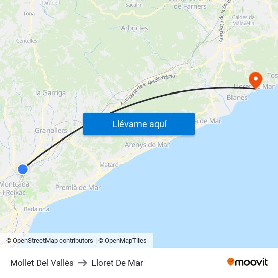 Mollet Del Vallès to Lloret De Mar map
