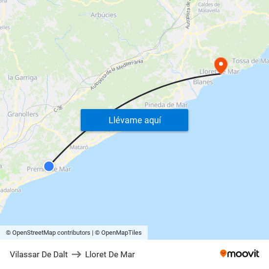 Vilassar De Dalt to Lloret De Mar map