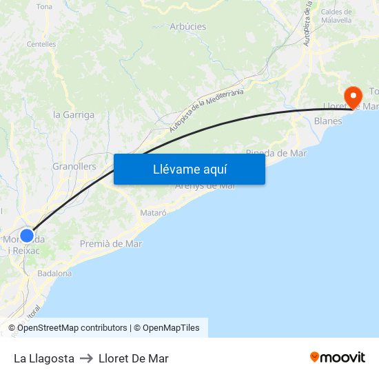 La Llagosta to Lloret De Mar map