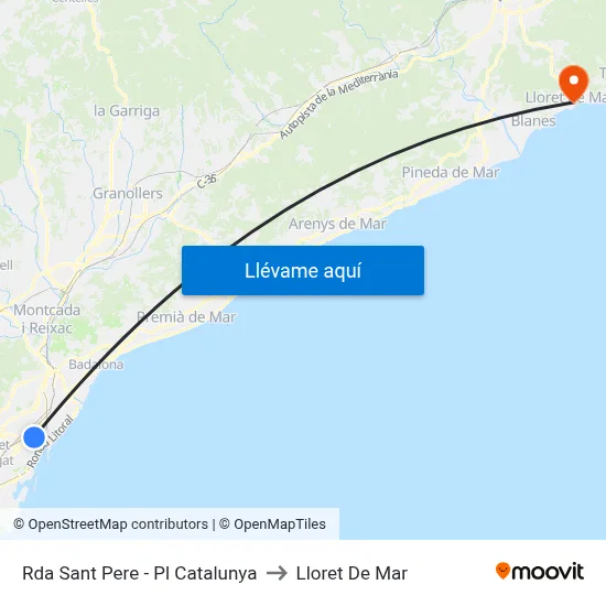Rda Sant Pere - Pl Catalunya to Lloret De Mar map