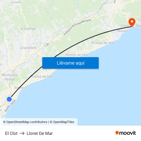 El Clot to Lloret De Mar map