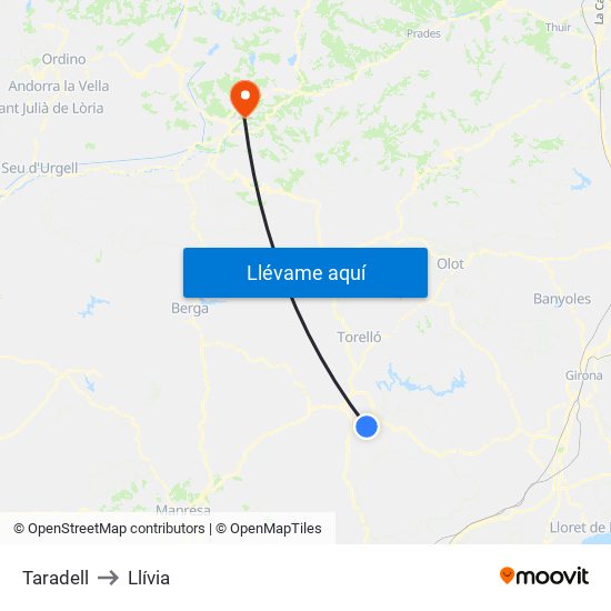 Taradell to Llívia map
