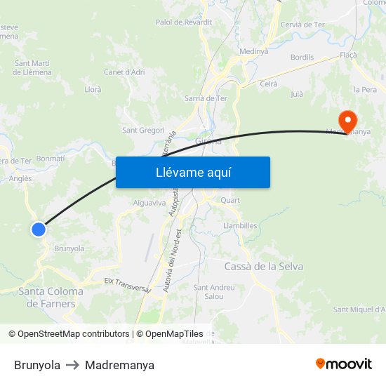 Brunyola to Madremanya map