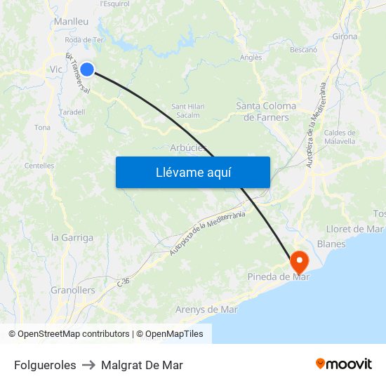 Folgueroles to Malgrat De Mar map