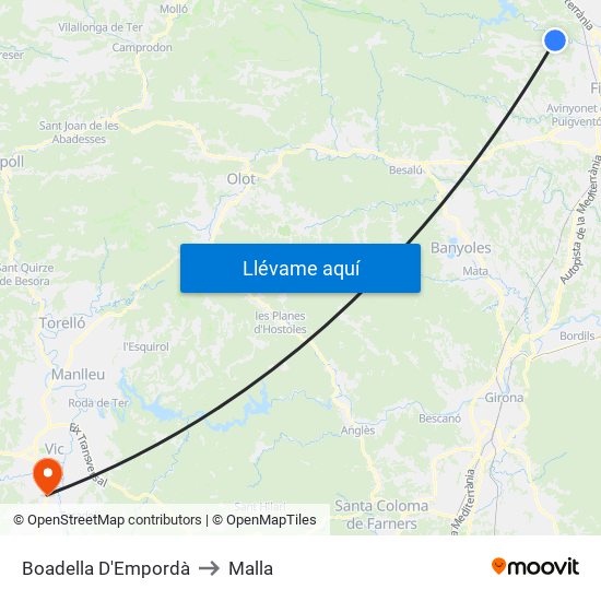 Boadella D'Empordà to Malla map