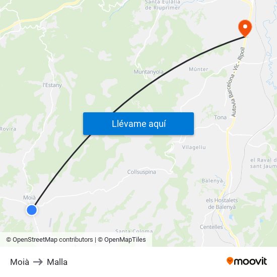 Moià to Malla map