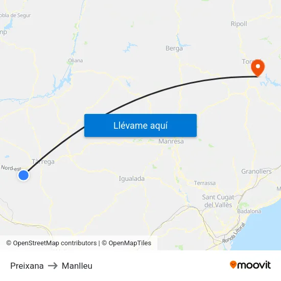 Preixana to Manlleu map
